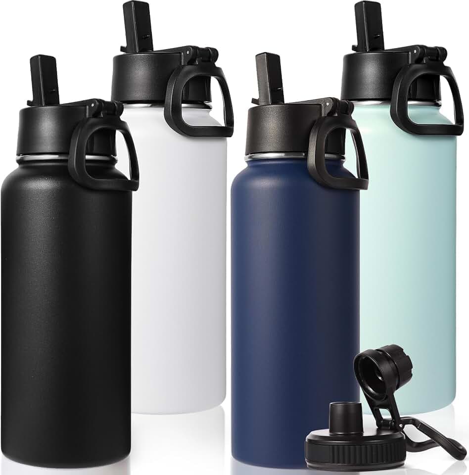Neihepal 32 oz Insulated Water Bottles Bulk with 2 Lids (Straw & Spout Lid), Stainless Steel Double Wall Water Bottle, Keeps Cold 24H & Hot 12H (Mix,4 Pack)