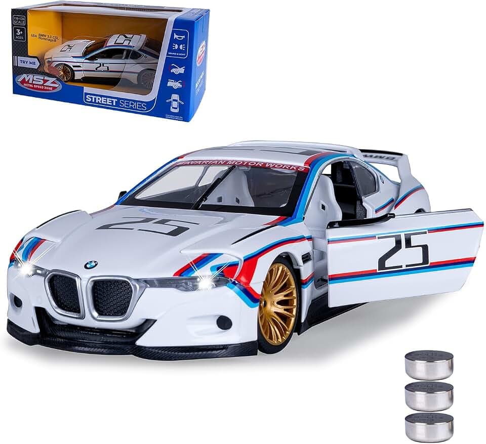 JAMARA 402621 BMW 3.0 CSL Hommage R Diecast 1:24 inkl. Knopfzellen - Modellauto Spielzeug, Kinder Car, Model Miniatur Fahrzeuge, Geschenkidee Kids, Türen Manuell öffnen/schließen