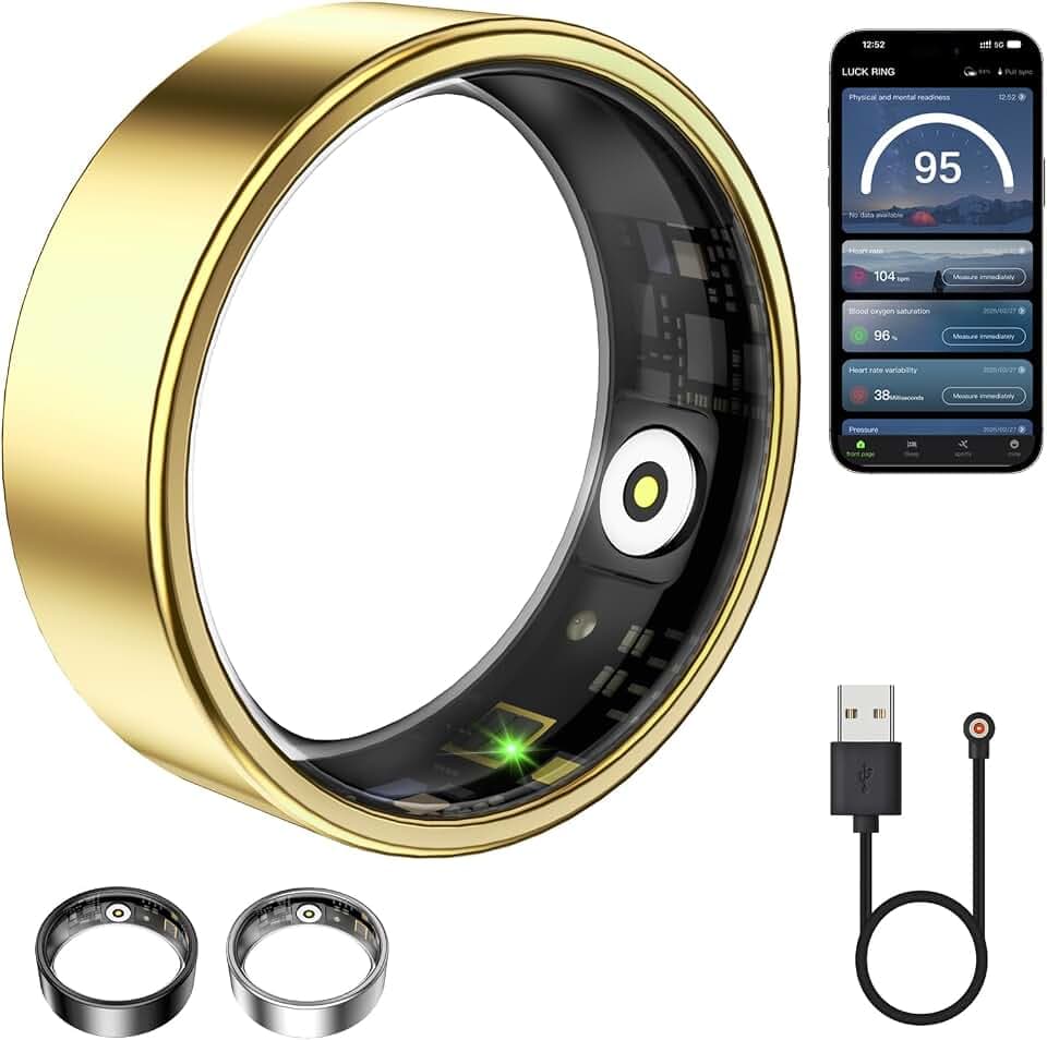 Smart Ring for Women & Men, Fitness Tracker with Heart Rate, Blood Oxygen, Sleep Monitoring, Long-Lasting Battery, IP68 Waterproof, No Subscription (Gold, #10)