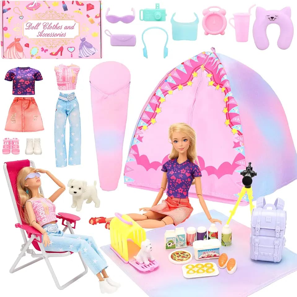 Miunana 34 Camping Spielset Zelt Schlafsack Kleidung Zubehör für 30cm Puppe
