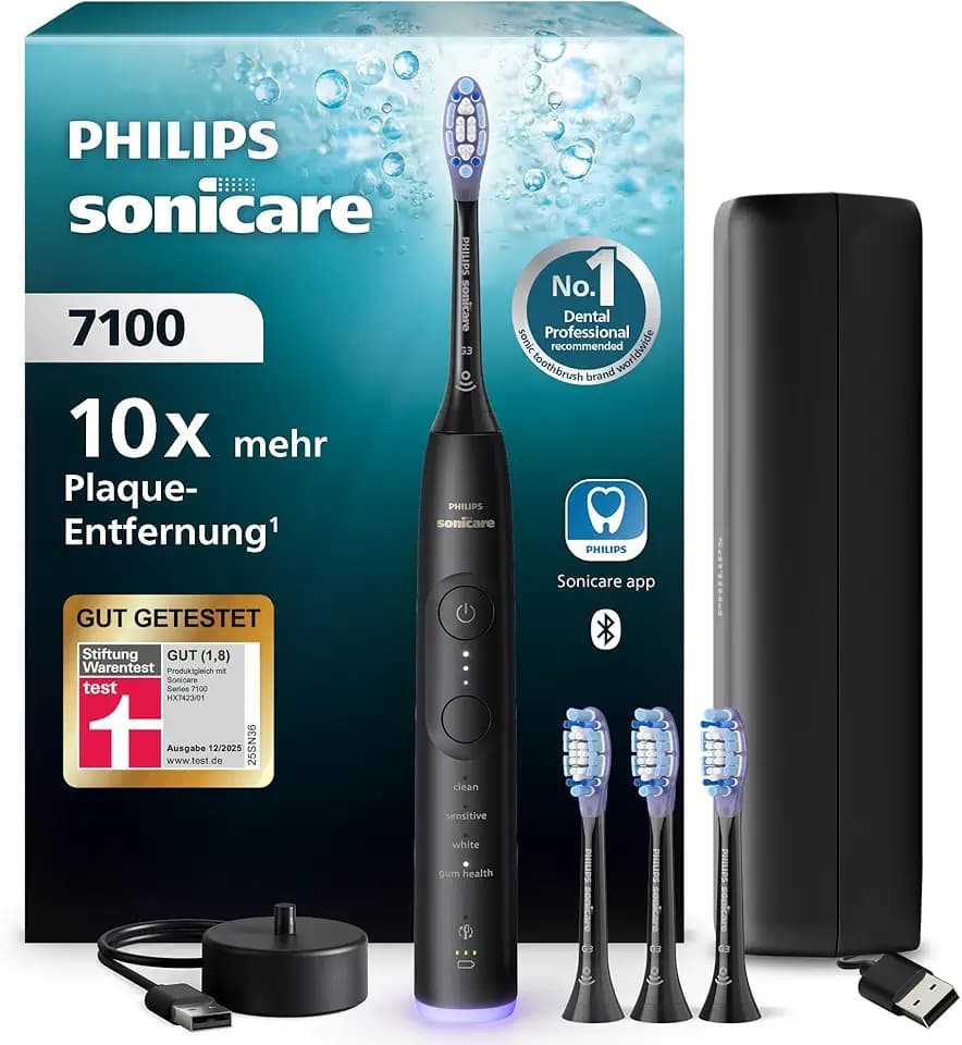 Philips Sonicare 7100 elektrische Zahnbürste, Schallzahnbürste mit App, 4 Putzmodi und 3 Intensitätsstufen, Andruckkontrolle, EasyStart, SmarTimer, Schwarz, Modell HX7421/08 [Neue Technologie]