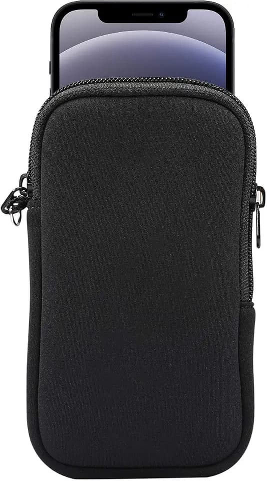 Neoprene Small Size Cell Phone Sleeve, Zip Wallet Pouch with Neck Strap for iPhone 17, 16, 16e, 15 14 Pro, iPhone 13 12 Pro iPhone 13 12 Mini 11 Pro iPhone SE 3rd G iPhone X XS (Black)