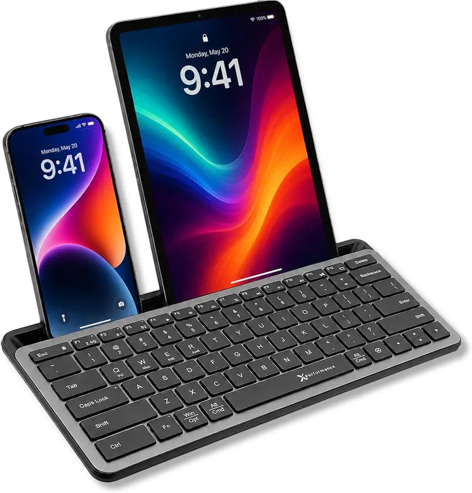 X9 Performance Bluetooth Small Wireless Keyboard with Phone Holder - (BT + 2.4Ghz) - Ready for Travel - Compact Keyboard for Tablet, Phone, Office - Backlit, Portable, Multi-Device - PC, Mac, Android