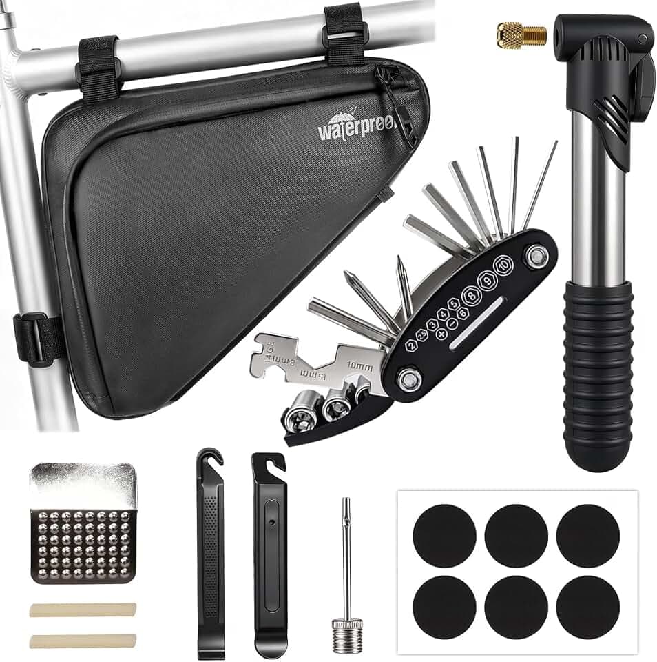 NDakter Fahrrad Reparaturset mit Fahrradtasche Rahmen: Fahrradwerkzeug Set für Unterwegs mit 16-in-1 Fahrrad Multitools, Fahrradpumpe, Reifenheber, Leimfreie Reifen, Werkzeug Set für Rennrad, MTB