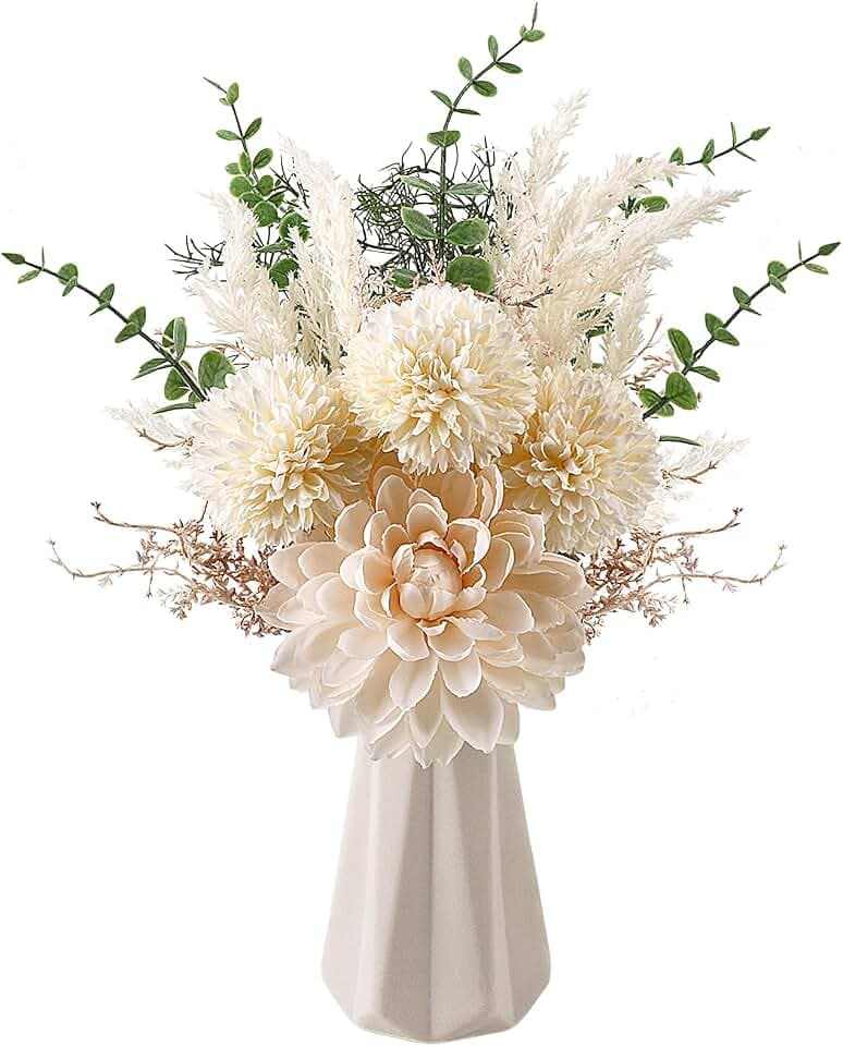 CEWOR Fake Flowers in Ceramic Vase, Artificial Flowers with Ceramic Vase Faux Silk Floral Arrangement Table Centerpieces Decor for Home Office Dining Farmhouse Coffee Table Living Room