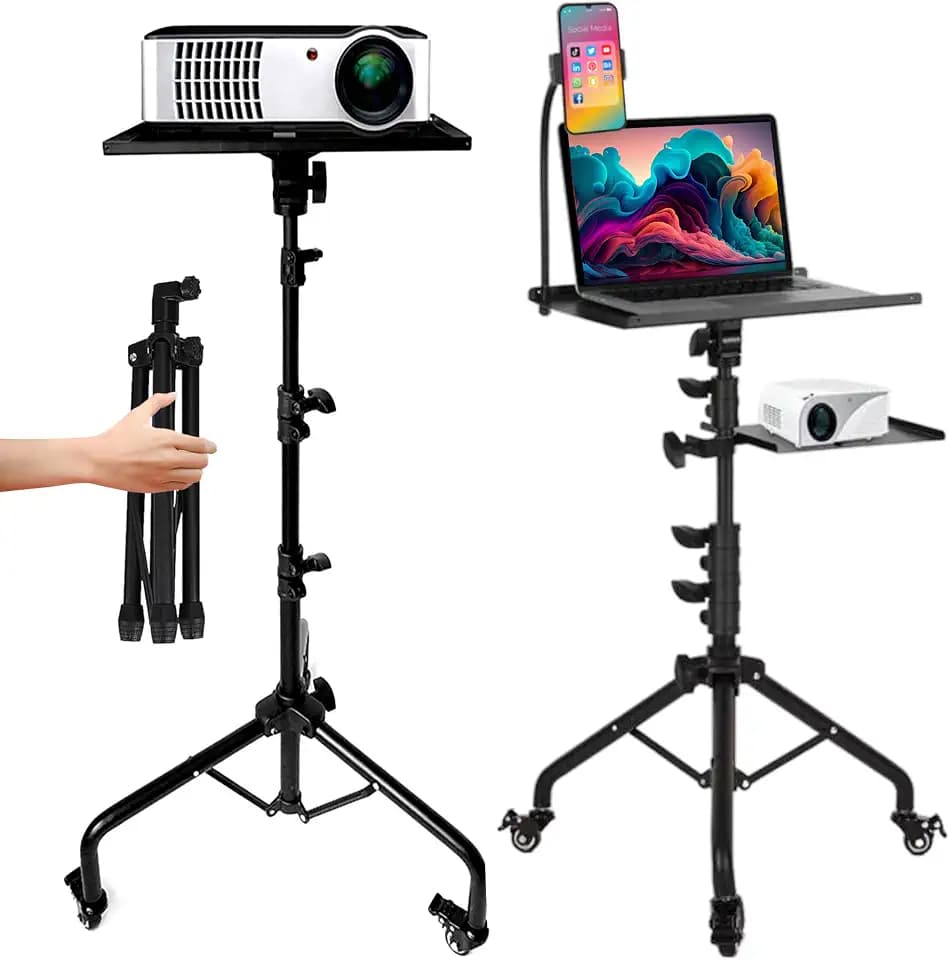Laptop & Projector Tripod Stand Adjustable Height 26 to 51” Wheely Portable Laptop Stand With Gooseneck Phone Holder - For Movie, Meeting, Book, DJ Equiqment