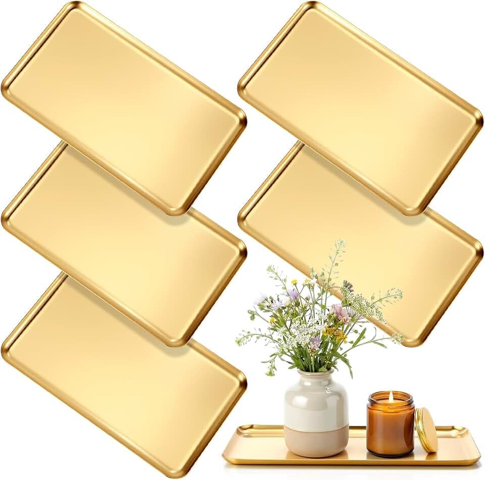 6 Pack Gold Stainless Steel Serving Platters, 10.4", Rectangle