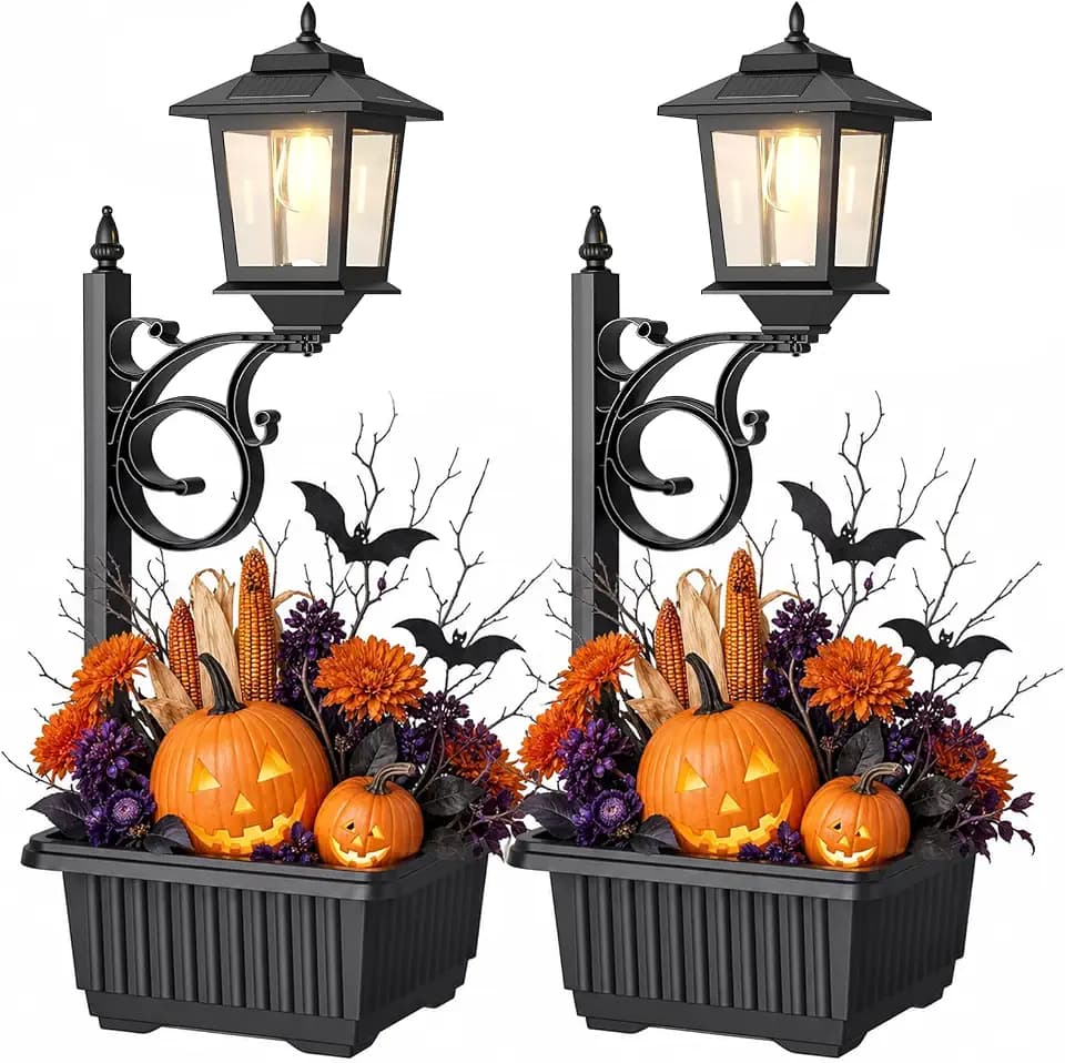 PASAMIC 2 Pack Solar Lamp Post with Planter, 2 in 1 Outdoor Solar Light Planter, Waterproof Decorative Solar Lamp Post Light, Wall Mount or Freestanding for Garden, Patio & Porch, Warm White