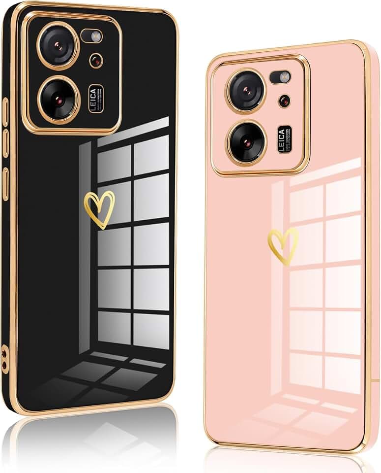 Vauki 2 Stück für Xiaomi 13T/Xiaomi 13T Pro 5G Hülle, Weich TPU Silikon Handyhülle Herz Motiv Schutzhülle Kameraschutz Stoßfest Bumper Case für Xiaomi 13T Pro Jungen und Mädchen Cover, Schwarz & Rosa