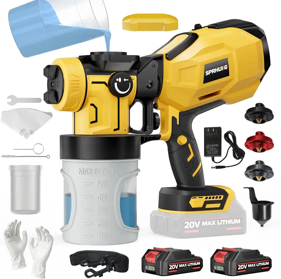 Cordless Paint Sprayer with 2×2000mAh Batteries, 1200W HVLP Spray Gun with 3 Brass Nozzles & 5 Reusable Cups, Electric Sprayer for Furniture, Cabinets, Walls, Fence, and House Painting Yellow