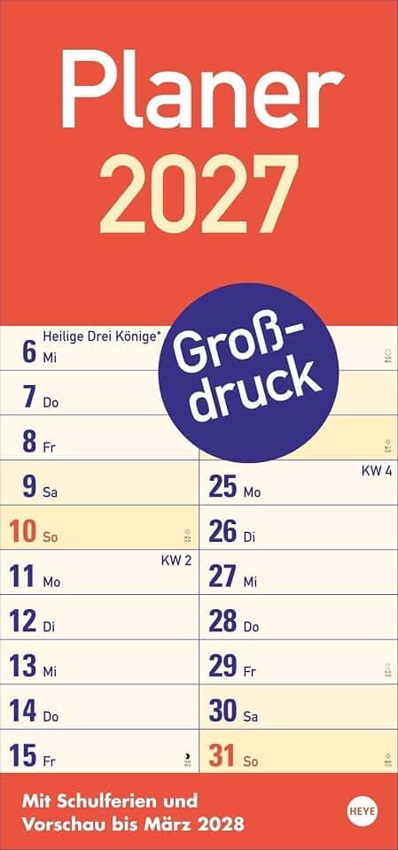 Großdruck Planer 2027: Praktischer Wandplaner mit extra großer Schrift. Großer Wandkalender mit Schulferien und 3-Monats-Ausblick. Terminkalender 2027. 21 x 45 cm