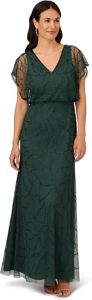 Adrianna Papell Womens Beaded Blouson Long Dress