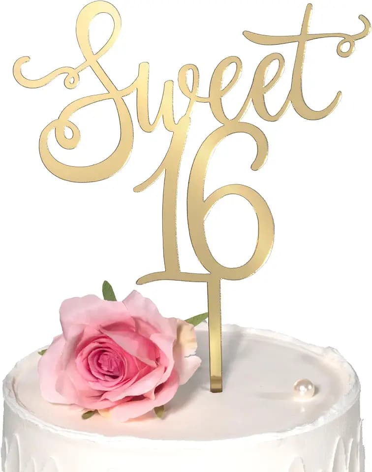 Shiny Acrylic Happy Sweet 16 Birthday Cake Topper, 7.5" x 6", Cheer to 16th Birthday Party Cake Decoration (Gold)
