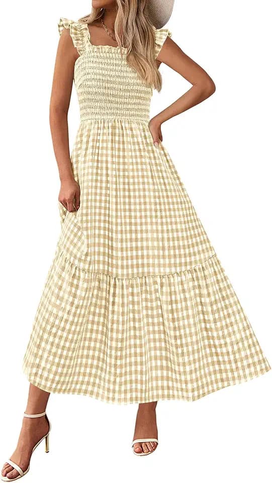 PRETTYGARDEN Women's Summer Dress Casual Ruffle Strap Gingham Midi Sundress