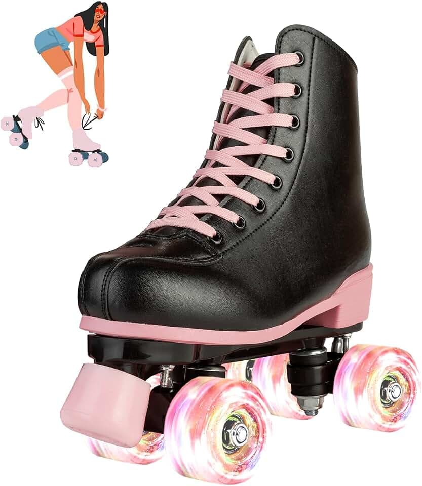 jessie Roller Skates for Girl and Women, PU Leather Flash Kids Roller Skates, Classic Adjustable Four-Wheel Beginner Girl Skates Roller Skates Girls Ages 8-12 for Indoor Outdoor