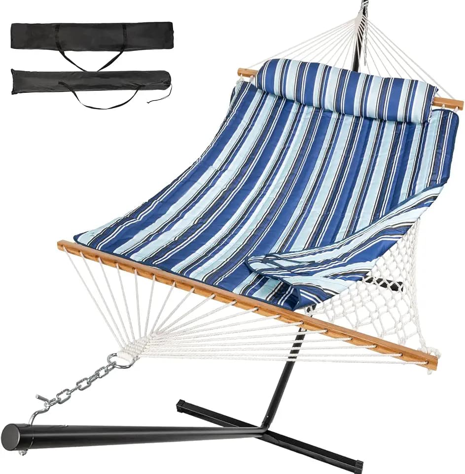 Everyfun 2 Person Double Hammock with Stand, 500lb Cotton Rope, Blue Stripe