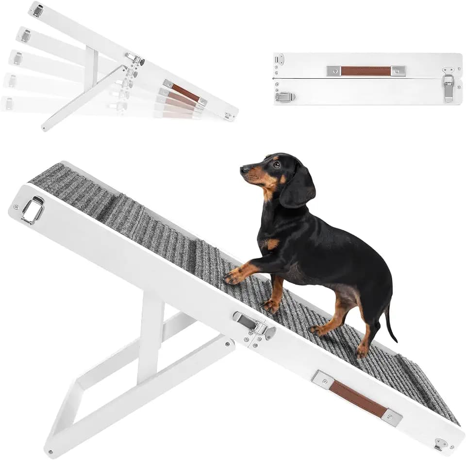 2025 Upgraded Dog Ramp for Couch, Foldable Small Dog Ramp for Low Bed, 4 Adjustable Height from 13'' to 21", Portable Stable Pet Step with Non-Slip Pad, Pet Ramps Use for Couch Stairs, White
