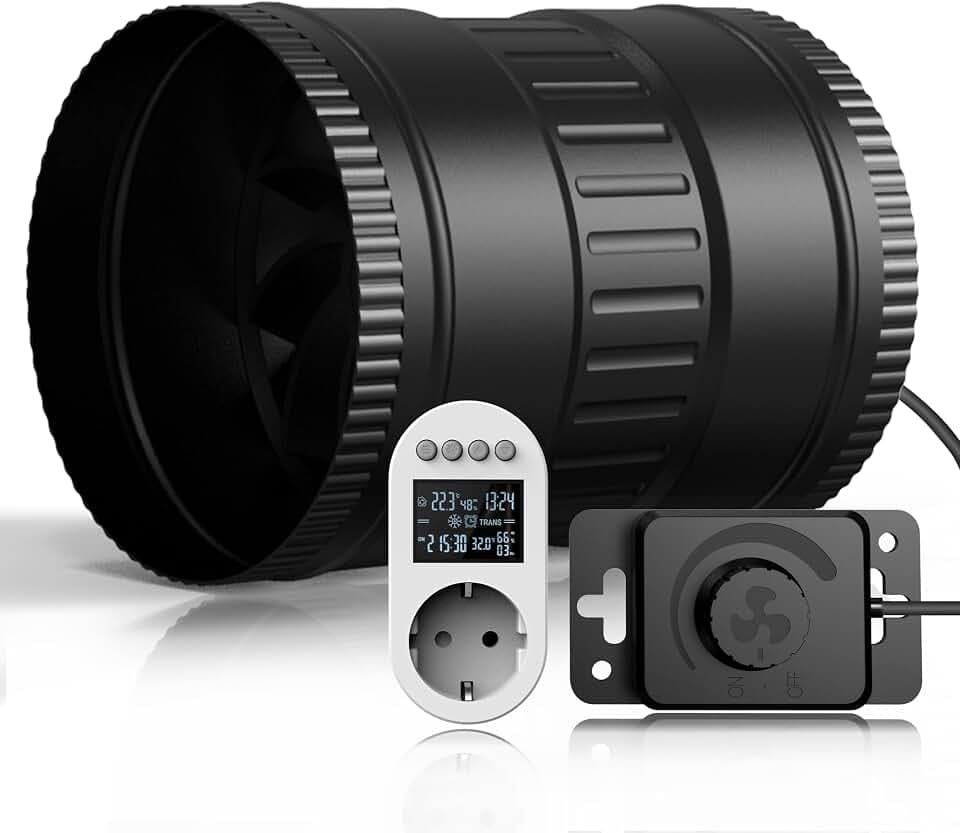 Rohrventilator 150mm,Rohrlüfter EC Motor, Abluftventilator 587m³/h, mit Thermostat Steckdose,Temperatur Feuchtigkeitssensor & Timer, für Growbox Belüftung, Gewächshäuser.