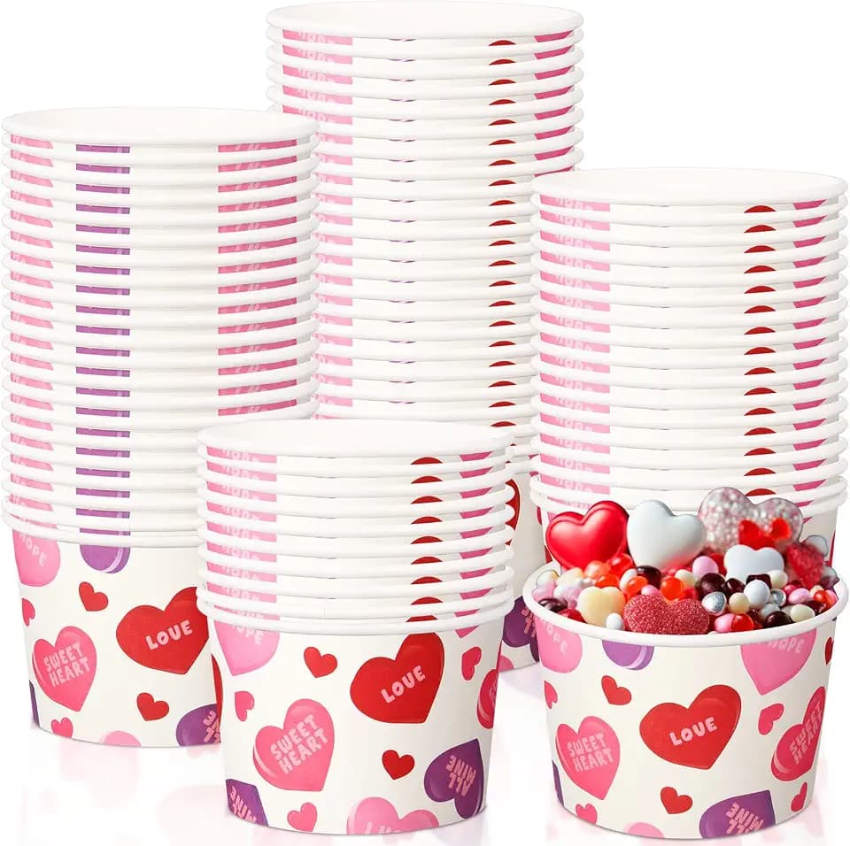 Potchen 50 Pack 9 oz Valentine's Day Soup Bowls Disposable Conversation Heart Paper Cups Dessert Bowls Valentines Snack Cups for Hot or Cold Food Anniversary Wedding Bridal Shower Party Supplies