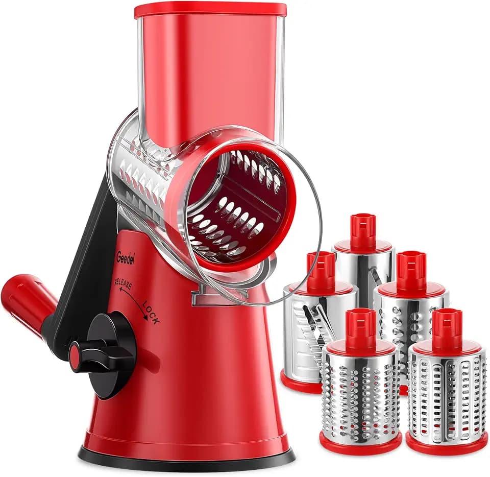 Geedel Upgraded Rotary Cheese Grater, 5 in 1 Cheese Shredder Veggie Slicer