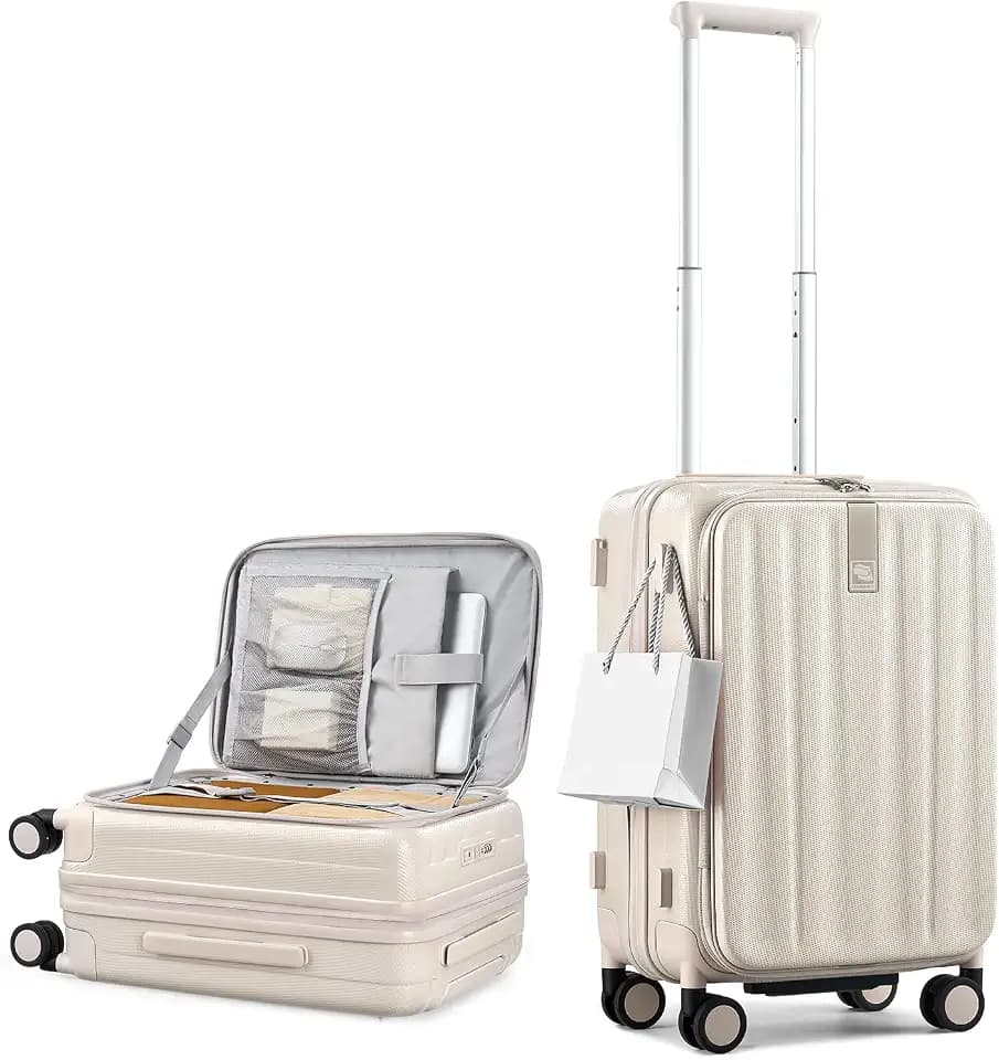 Hanke 20 Inch Expandable Carry On Luggage Airline Approved Top Opening Hard Shell Suitcases with Wheels Lightweight Travel Luggage Carry On Suitcase for Woman Men-Ivory White