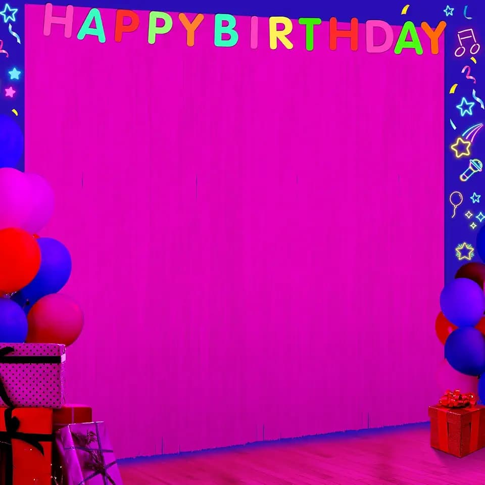 6 Pack 3.3Ft x 6.6Ft Hot Pink Glow in The Dark Foil Fringe Curtain Backdrop Party Supplies, Fluorescent Macaron Metallic Tinsel Foil Streamers Curtain Photo Booth for Neon Birthday Party Decorations