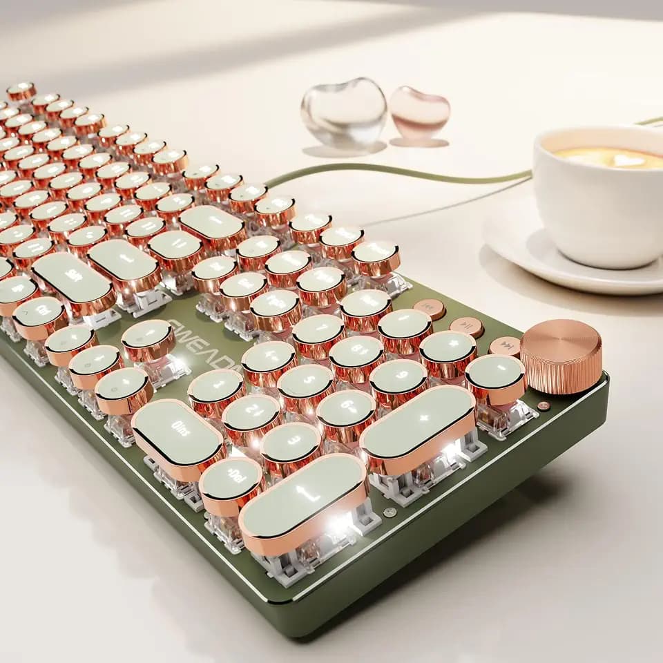 Wired Typewriter Style Mechanical Keyboard, Media Knob, Soft Clack-Green