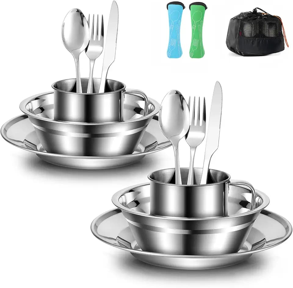 Odoland Campingbesteck Set Geschirrset aus Edelstahl Tafelservice mit Tasche Messer Gabel Löffel Teller Kaffeebecher ideal für 1-4 Personen Outdoor Reisen Wandern Camping