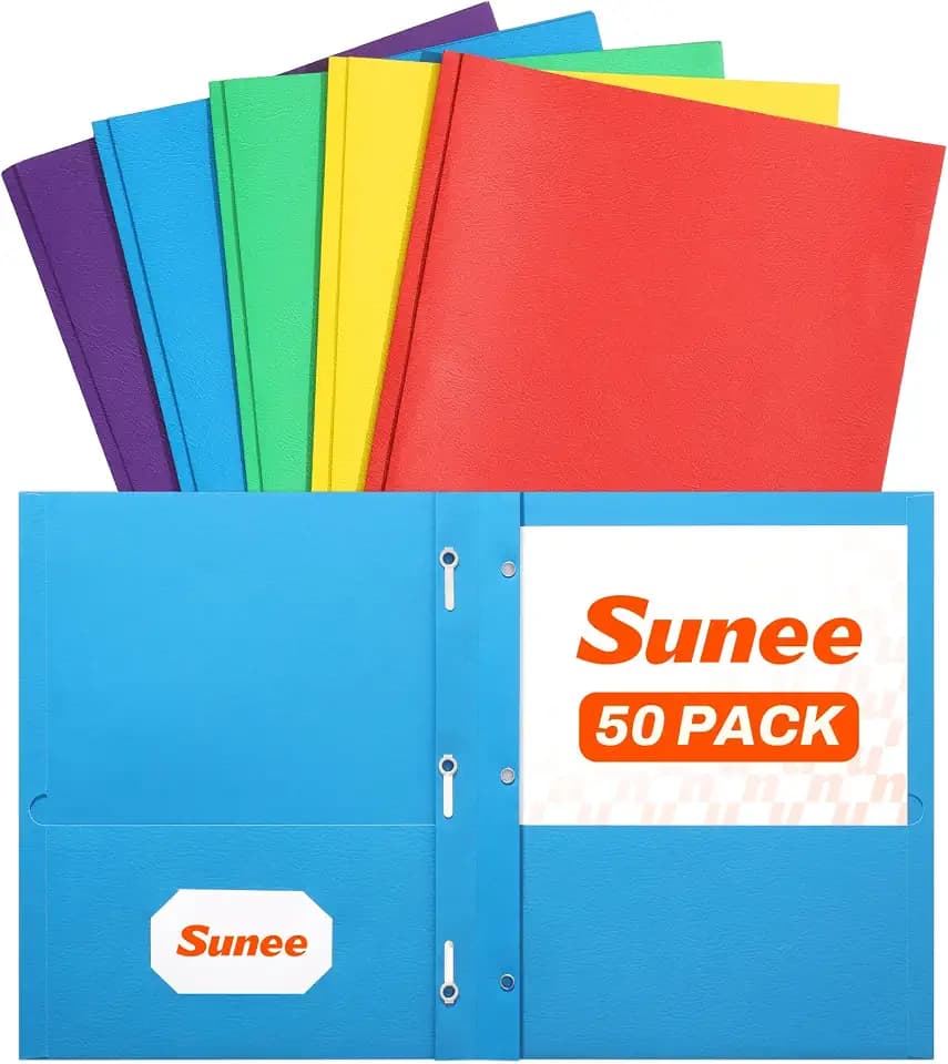 SUNEE Folders with Prongs (50 Pack, Assorted Colors), 3 Prong Folders with 3 Metal Prong Fastener Clips, 2 Pocket, Fit Letter Size Paper, Paper Folders for School Office Home Business