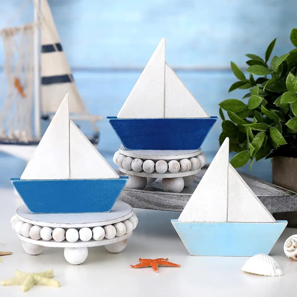 Qunclay 3 Pcs Nautical Party Decorations Wooden Boat Decor Beach Surf Board Tabletop Tiered Tray Decor Summer Coastal Centerpieces for Tables Birthday Party Ocean Home Bedroom Office Bathroom