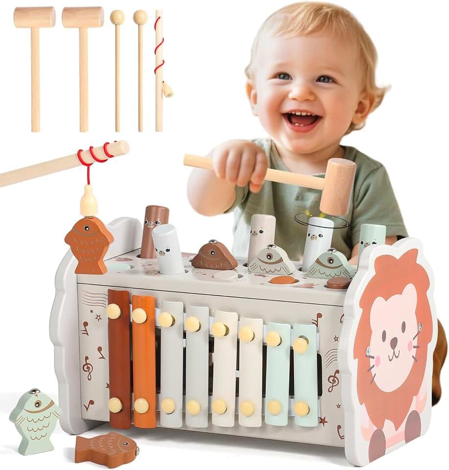 Montessori Spielzeug ab 1 Jahr – 4-in-1 Holzspielzeug mit Hammerspiel