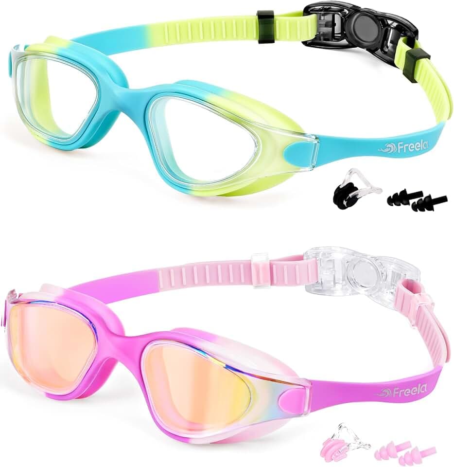 Freela 2Pcs Kids Swim Swimming Goggles for 3-16, One Piece Silicone Anti UV