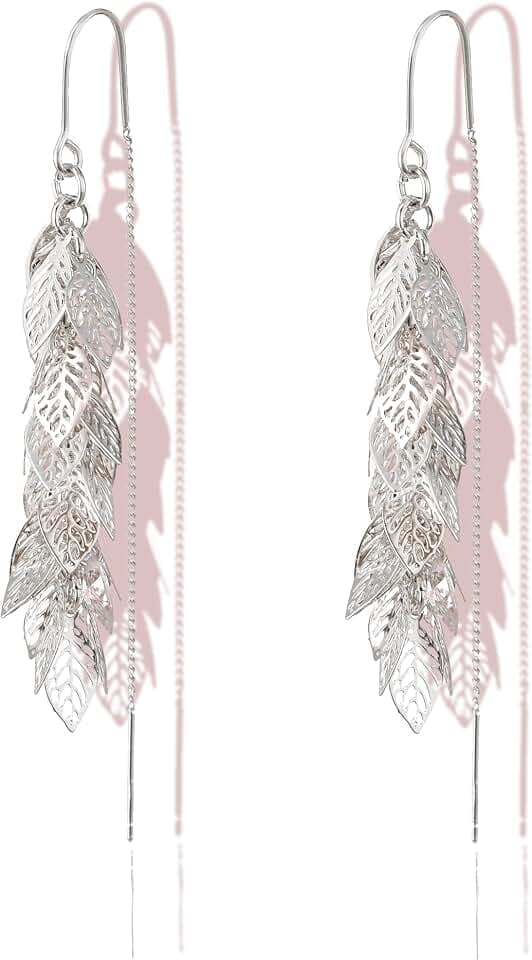 14K Gold Plated Leaf Threader Crystal Earrings for Women, Long Tassel Elegant Dangle Drop Earrings for Weddings, Galas, and Formal Events, Hypoallergenic Lightweight Jewelry Idea Gift