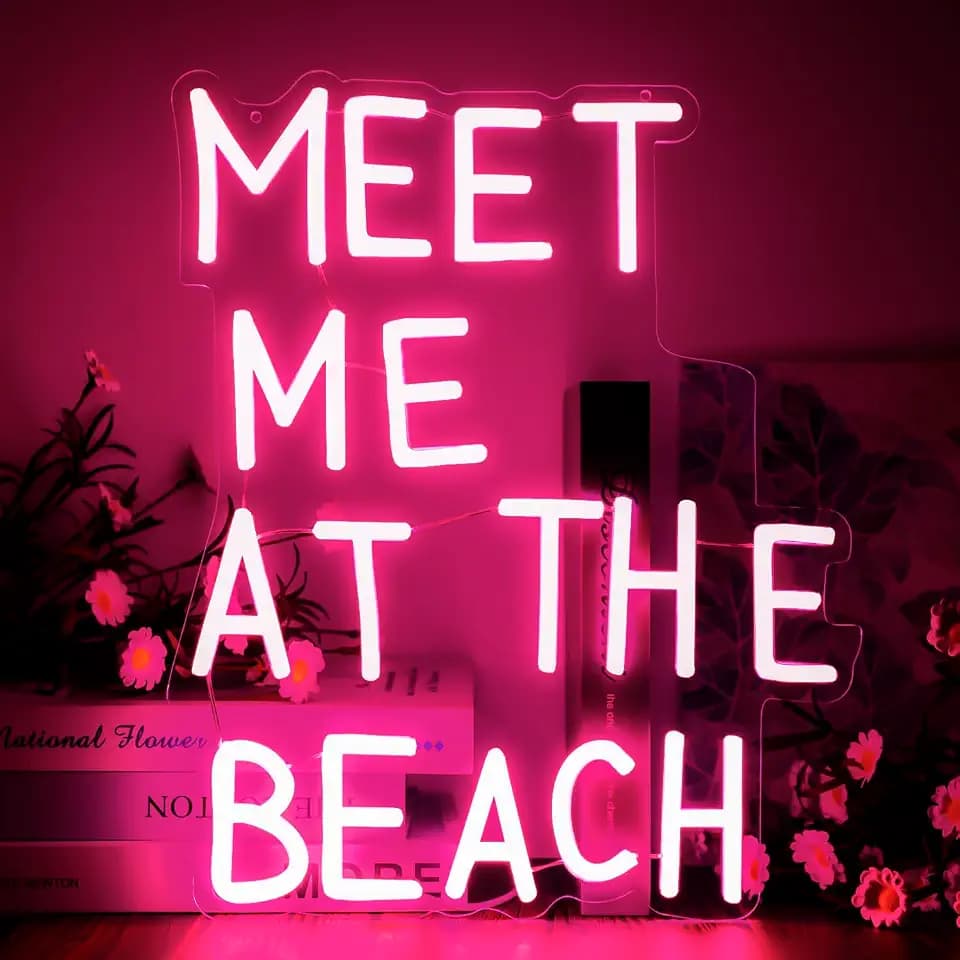 Meet Me at the Beach Neon Sign Dimmable Neon Signs for Wall Decor Beach Room Decor for Teen Girls LED Signs USB Light Up Sign for Bedroom Beachy House Coastal Room Wall Art Decor