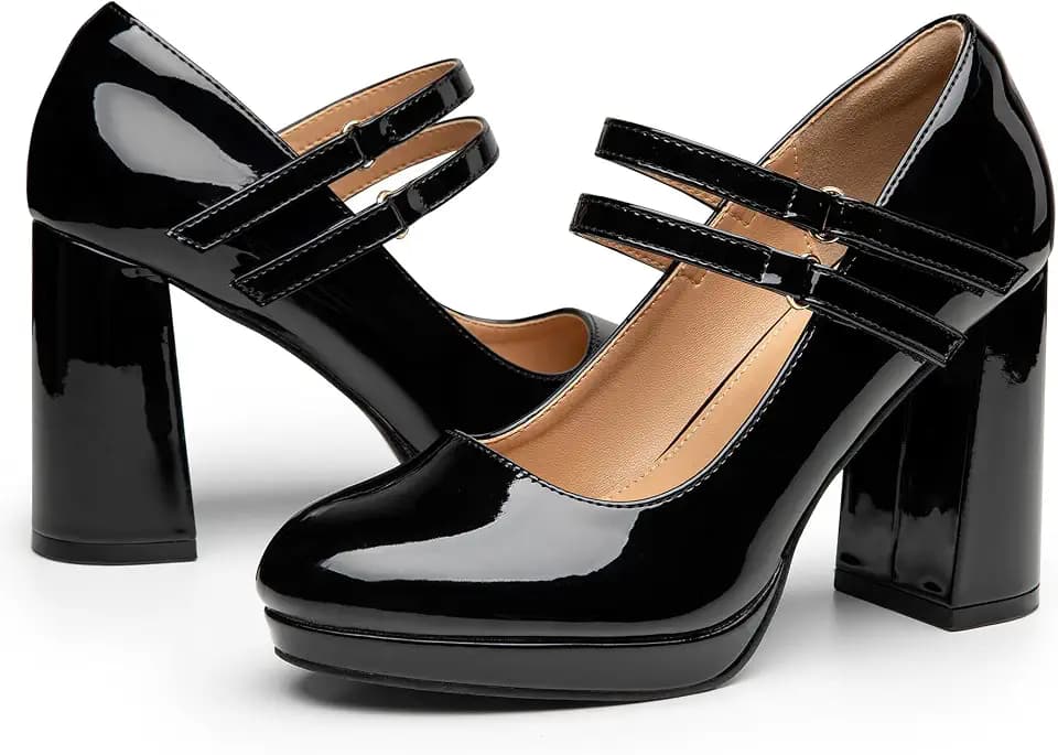 Trary Mary Jane Shoes Women Heels Platform Chunky Block High Heels with Double Strap Women's Pumps Comfortable Dress Pumps for Party Wedding Office Round Toe Heel Shoes