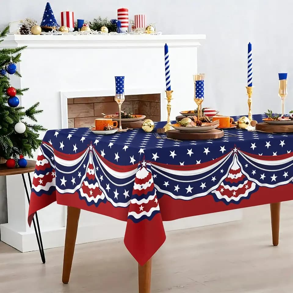 Rectangle 4th of July Tablecloth 60x102 Inch, Patriotic Red White and Blue Table Cloth, Polyester Waterproof Wrinkle Resistant Independence Day Table Cover for Memorial Day Decorations Decor