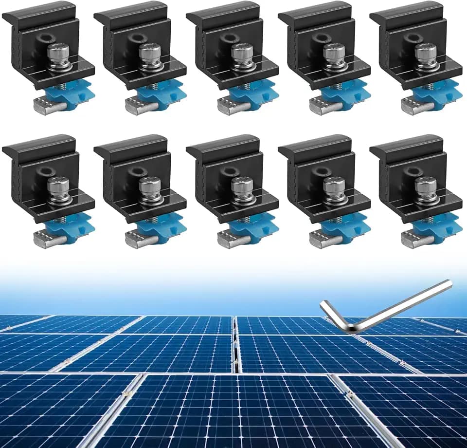 Anbte 10pcs Adjustable Solar Panel End Clamp for Unistrut, 30-50mm Aluminum Solar Panel Mounting Brackets with Nuts Bolts and Wrench, for Metal Roof, Tin Roof, Flat Roof, Sheet Roof, RV, Black