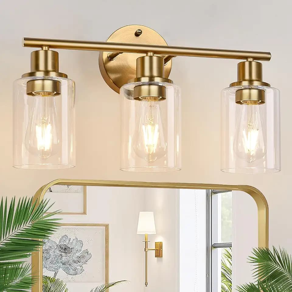 3-Light Gold Bathroom Light Fixtures, Modern Bathroom Vanity Light with Clear Glass Shade, Brushed Gold Bath Wall Mount Lights, Wall Lamp for Mirror Kitchen Bedroom Hallway Living Room Hallway