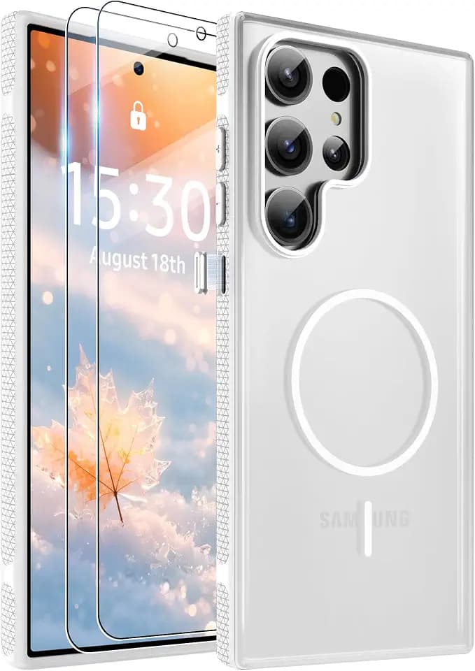 Jshru for Samsung Galaxy S23 Ultra Case: Crystal Clear [Anti-Yellowing] Galaxy S23 Ultra Case [Compatible with MagSafe] with 2 PCS HD Screen Protector, Non-Slip Translucent Funda para S23-Ultra, Clear