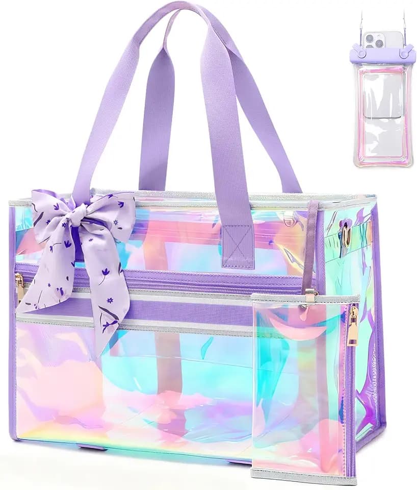 Iridescent Beach Bag for Women, Large Waterproof Sandproof Beach Tote Bag Holographic Clear Tote Purse with Zipper