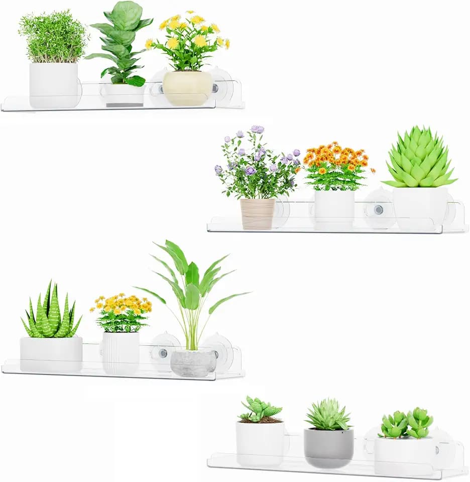 Lifewit Window Plant Shelves 14.6", 4 Pack Acrylic Suction Cup Holder