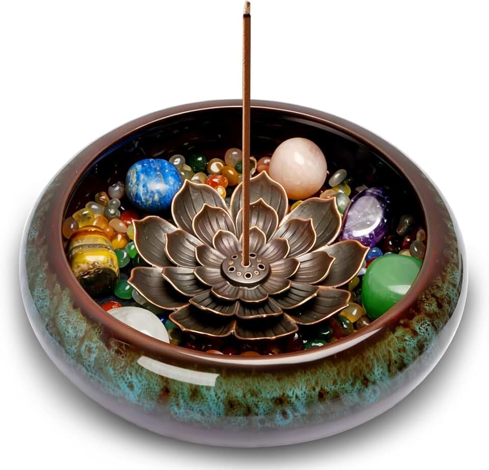 Lermende Räucherstäbchen Halter mit Lotus & Chakrasteinen für Meditation