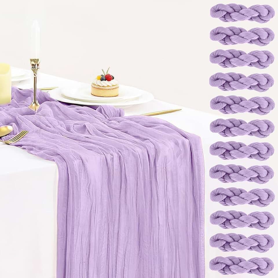 BLUETOP 12 Pack Lavender Cheesecloth Table Runner 35x120inch, Boho Gauze Lilac Purple Cheese Cloth Table Runner for Wedding Bridal Shower Baby Shower Birthday Party Table Decor