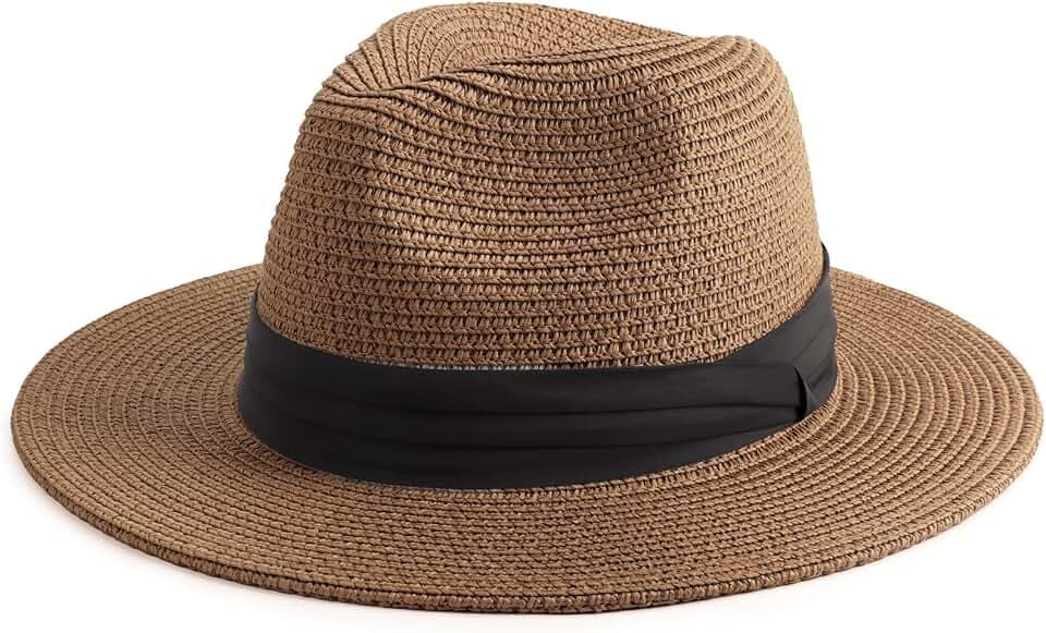 DRESHOW Women Straw Panama Hat Travel Fedora Beach Sun Hat Summer Wide Brim Straw Roll up Hats UPF 50+