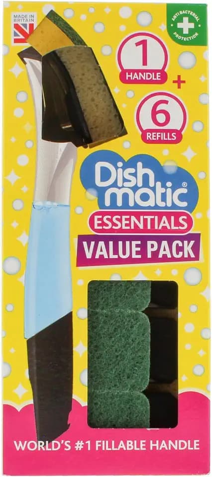 Dishmatic Vorteilspack-Set – 1 x nachfüllbarer Spülmittel-Spendergriff mit 6 austauschbaren Allzweck-Schwammköpfen – antibakterieller Küchenspülgriff mit Easy-Grip-Griff