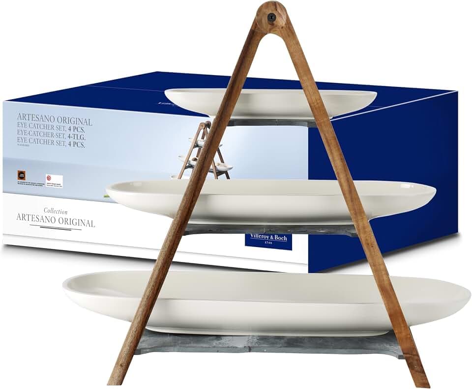 Villeroy & Boch - Artesano Original Etagere 4-teilig, Spülmaschinenfest, Mikrowellensicher, 3-stöckig 3 Etagen Schiefer, Geschirr, Etagere für Essen, Premium Porzellan, Naturschiefer, Holz