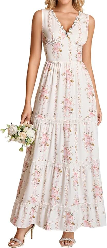 KUTUMAI Summer Lace Floral Corset Maxi Wedding Guest Tea Party Dress