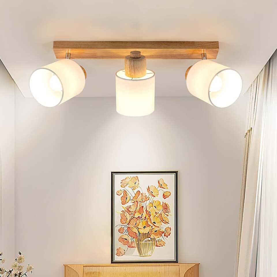 Holz Deckenlampe Vintage 3-flammig, Schwenkbar E14 Deckenleuchte