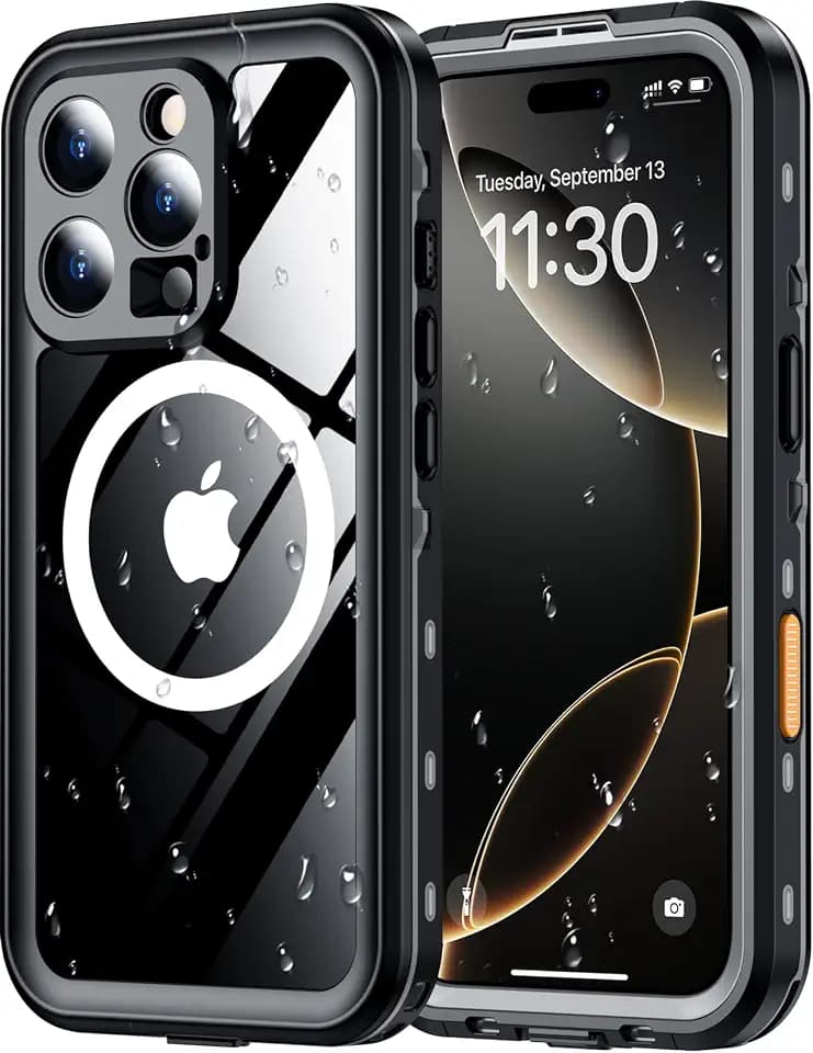 Red2Fire for iPhone 16 Pro Case Waterproof, [Built-in Screen Protector & Camera Protector][Compatible with MagSafe][Full Body Shockproof][IP68 Waterproof][Dustproof] Phone Case 6.3" Black/Clear
