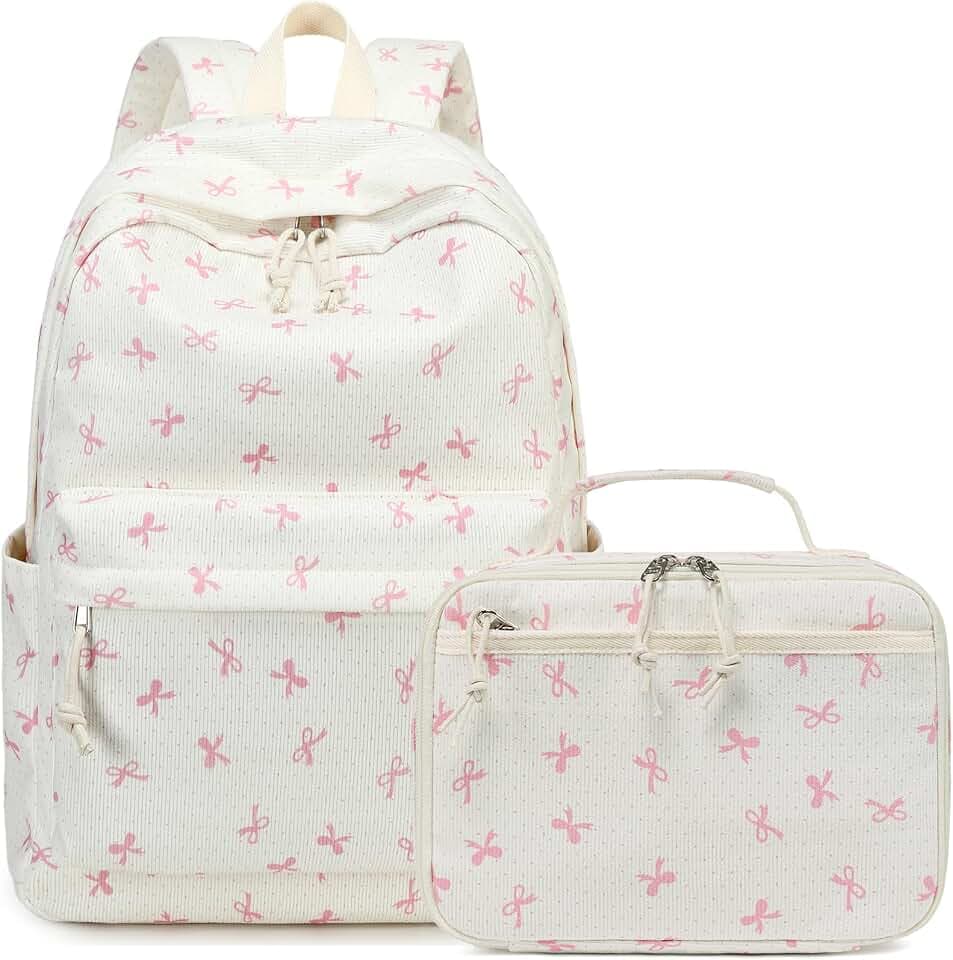 LEDAOU Girls Backpack with Lunch Box Set, 16 Inch Corduroy School Backpack for Girls Ages 5-10, Cute Bow Kids Bookbag for Preschool Kindergarten Elementary, Water Resistant School Bag